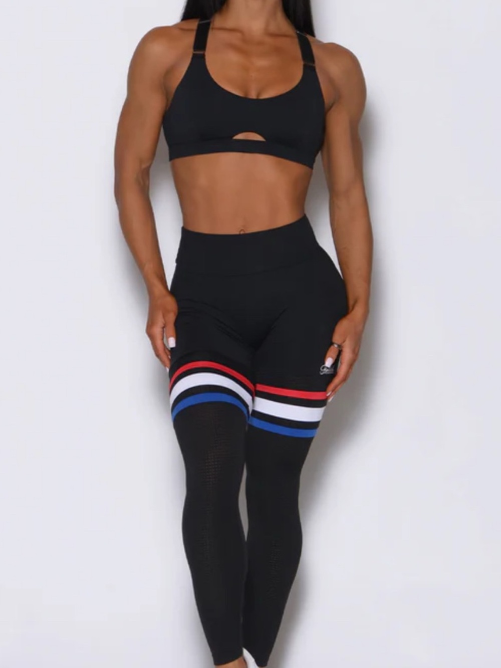 SOLD Bombshell Sportswear Black thigh high leggings with Red, White & Blue